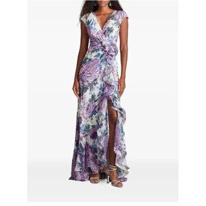 NWT Tadashi Shoji Sinai Cascading Floral Ruffle Gown Dress Romantic